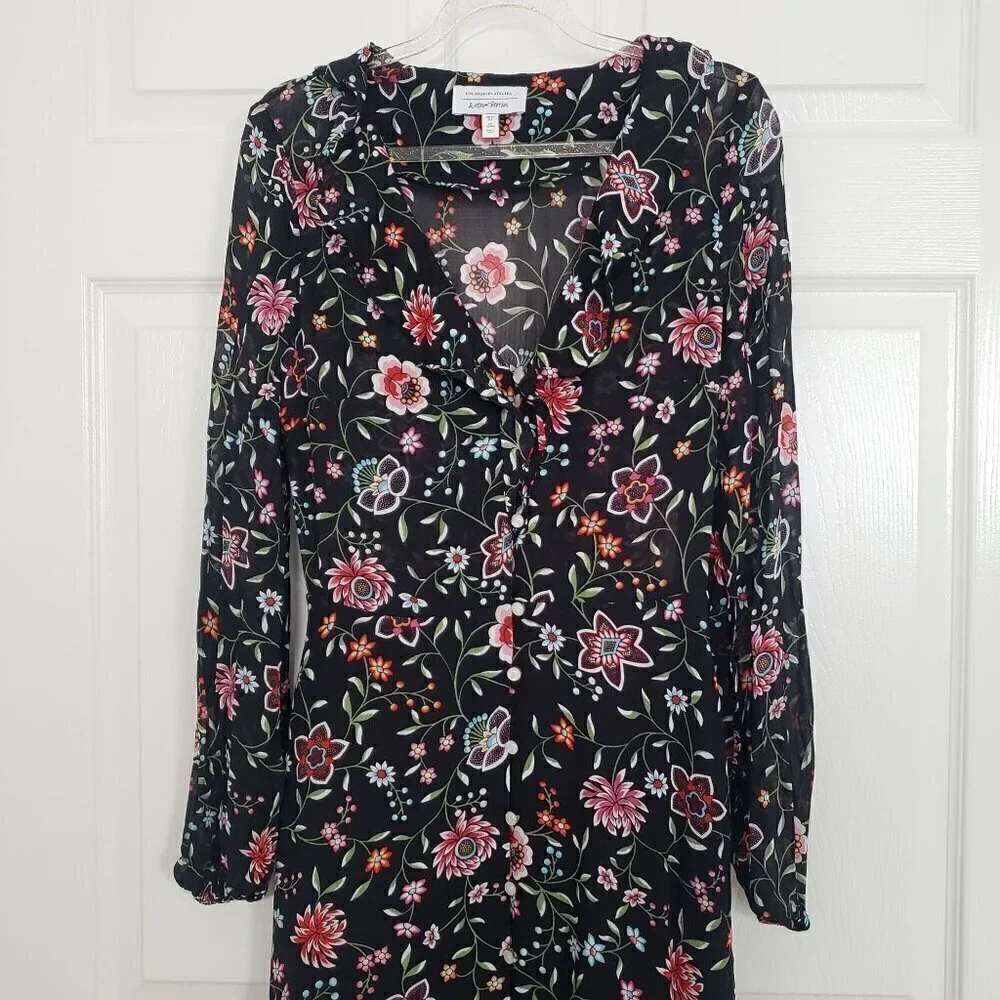 & Other Stories Dark Floral Midi Dress Cottage Lightweight Black Womens Size 4